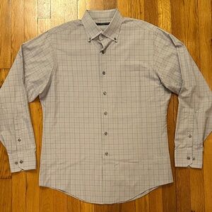 Geoffrey Beene Men’s Fitted Light Gray and Purple Plaid Dress Shirt